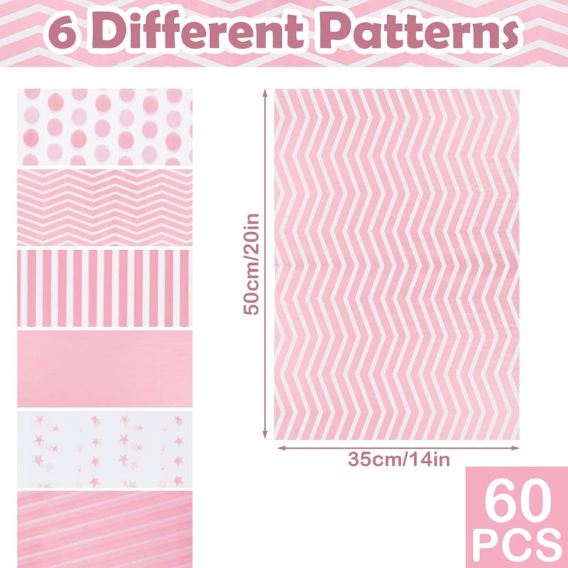 Ethanberg 60 Sheets Gift Wrapping Tissue Paper Bulk, Pink Dots Stripes Waves Print Tissue Paper for Gift Bags, Decorative Art Papers for DIY Crafts Wedding Birthday Holiday Party Decor, 20x14 Inches - Image 2